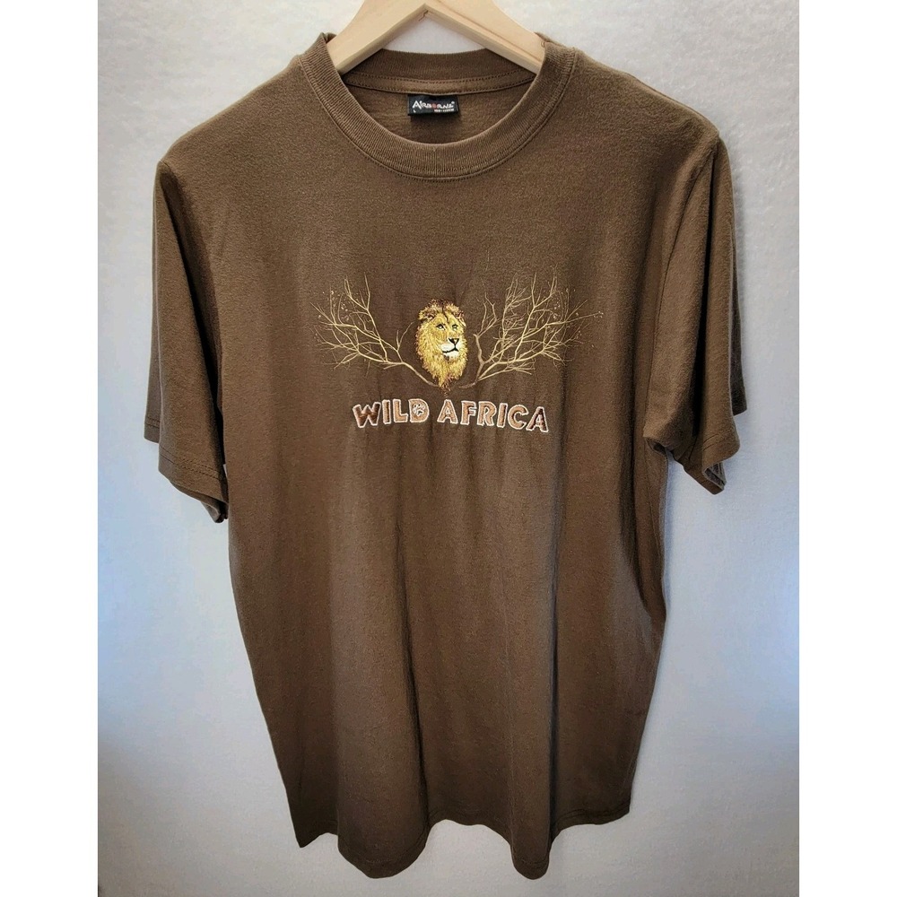 VTG 90s Airborne T-shirt Wild Africa Embroidered‎ Lion Cotton Mens L Wildlife